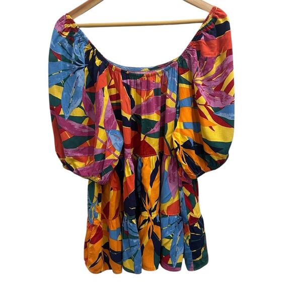 Terra & Sky Multicolor Tropical Leaf Tiered Peasant Blouse Resort Wear Dopamine - Picture 2 of 9